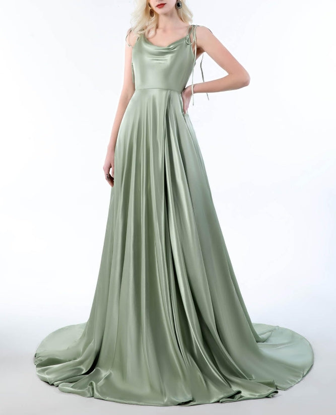 Spaghetti Straps Satin Prom Dresses Long Party Dresses with Slit Backless Formal Evening Gowns